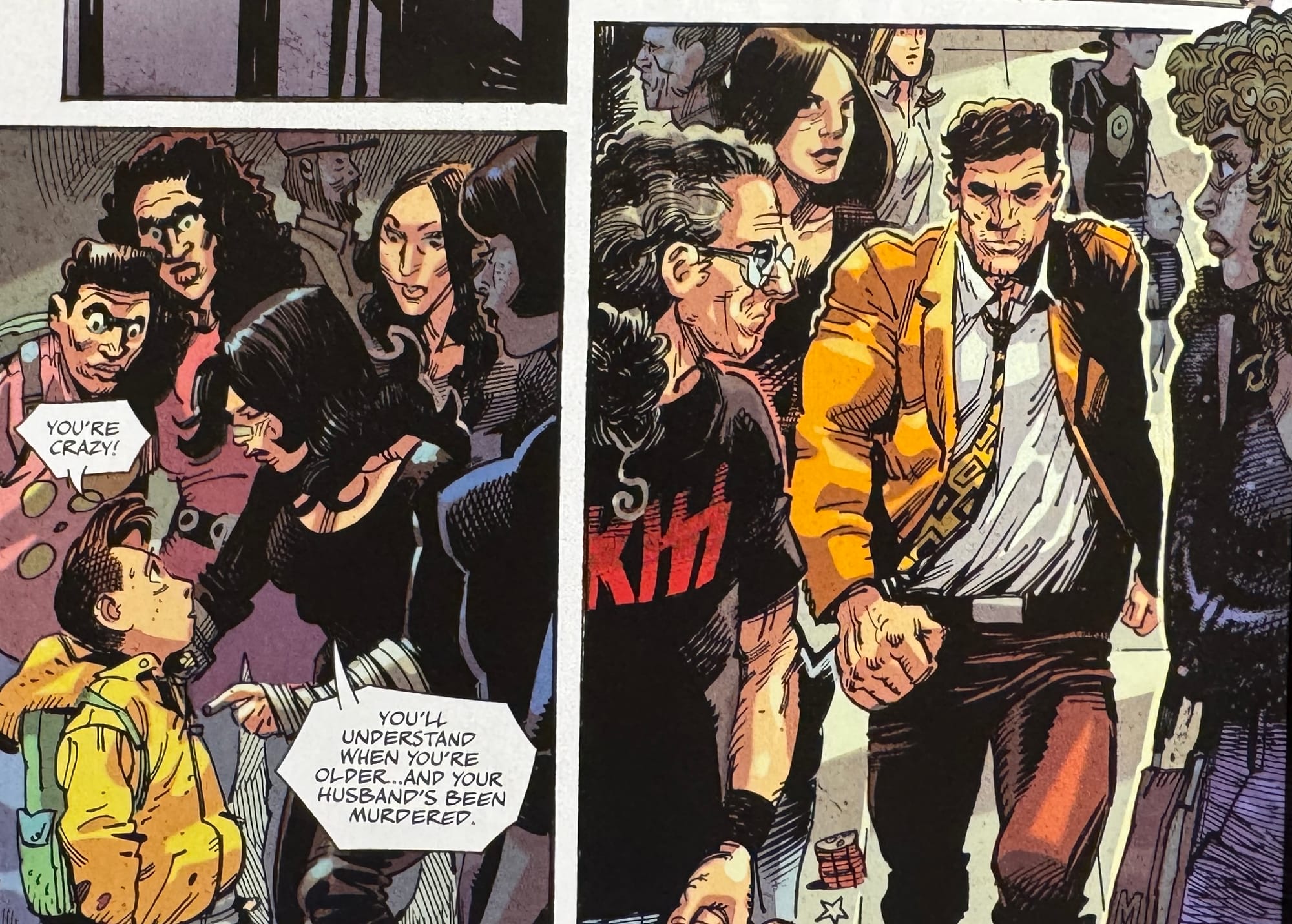 Two clipped panels from Gehenna by Rosenzweig, highlights a bunch of characters, including two main ones (a brunette and a blonde) and background actors filling out a street scene.